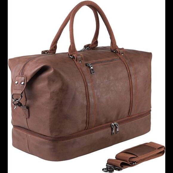Leather Travel Bag with Shoe Pouch,Weekender Overnight Bag Waterproof